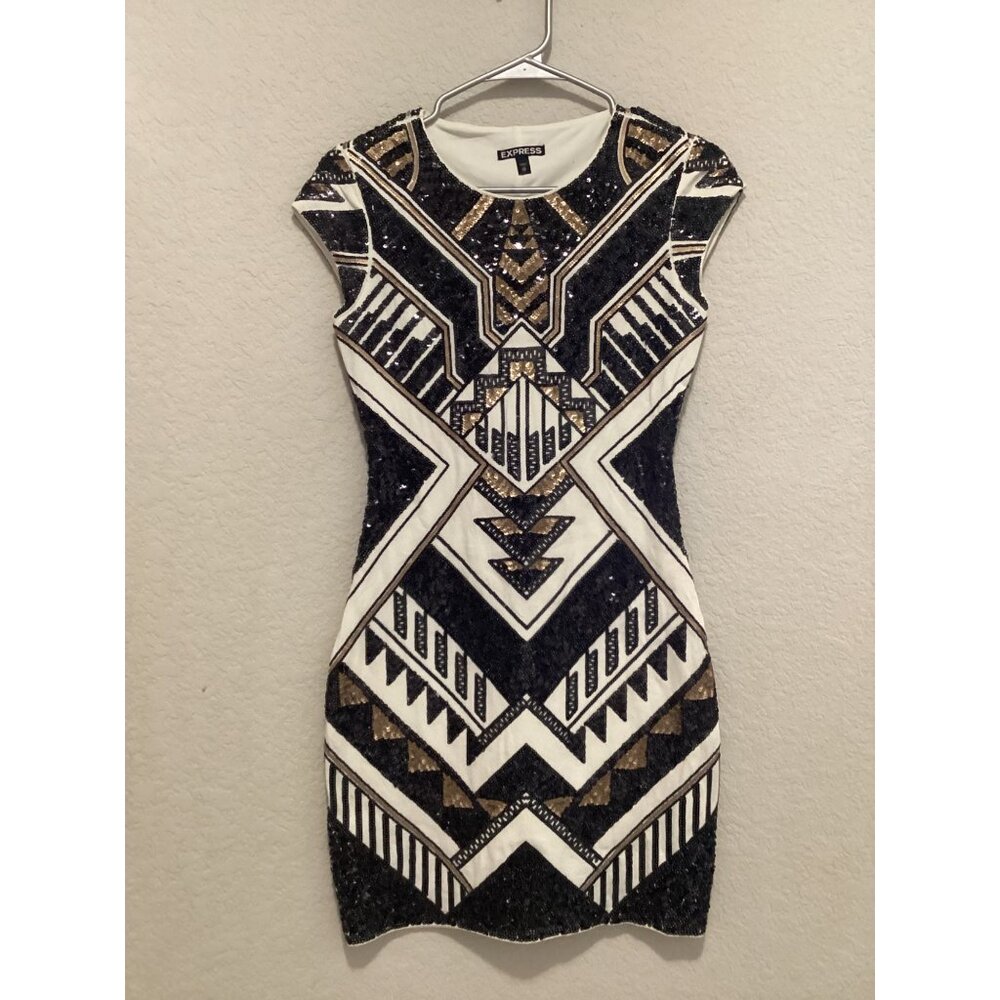 Express Black & Gold Geometric Sequin Bodycon Mini Dress Size XS